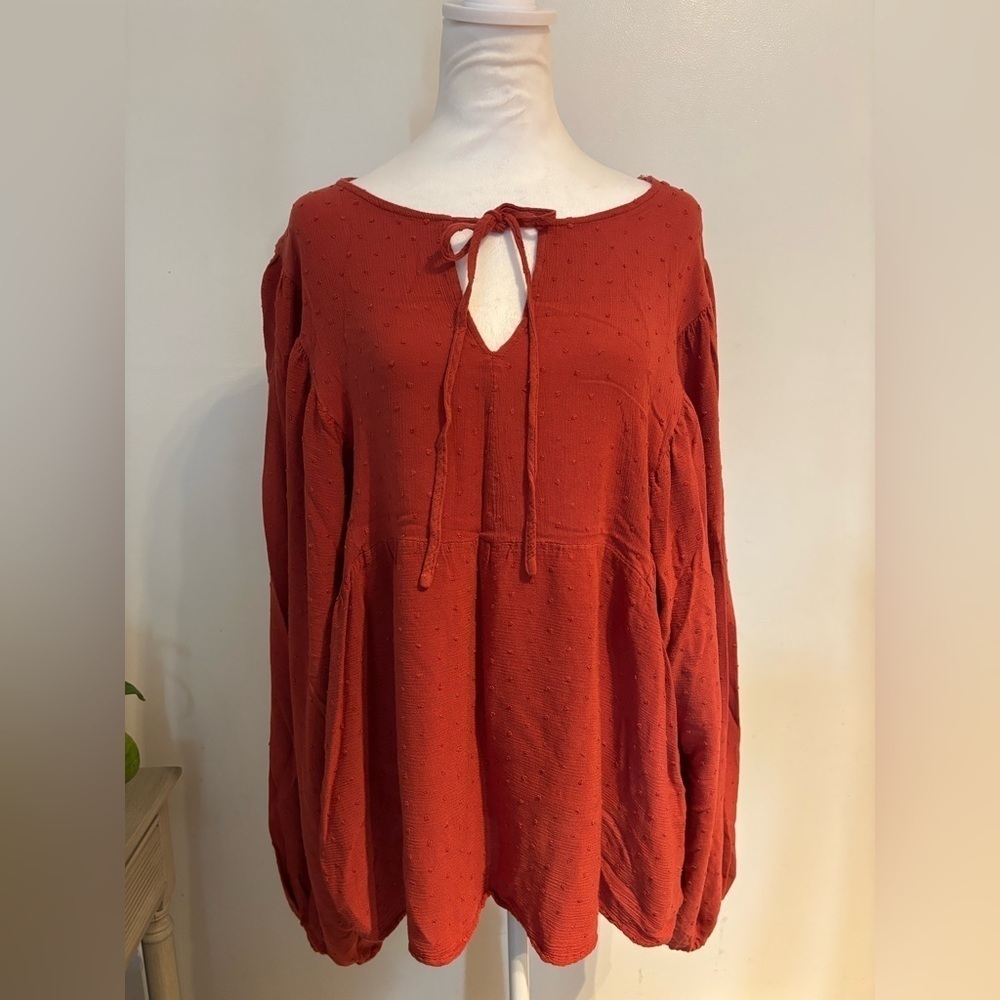 Rustty Dustty Boho Peasant Blouse 2XL Rust Orange Textured Balloon Sleeve Top